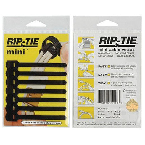 RIP-TIE Mini 1/4" x 3-1/2" Cable Tie, Perfect for USB, Earbud, Cell Phone Cords - 7 Pack Black