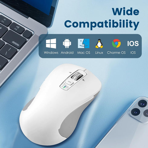 Wireless Bluetooth Mouse (USB + BT1 + BT2), Full Size, Multi-Device Silent Mouse for Computer, Laptop, iPad, MacBook