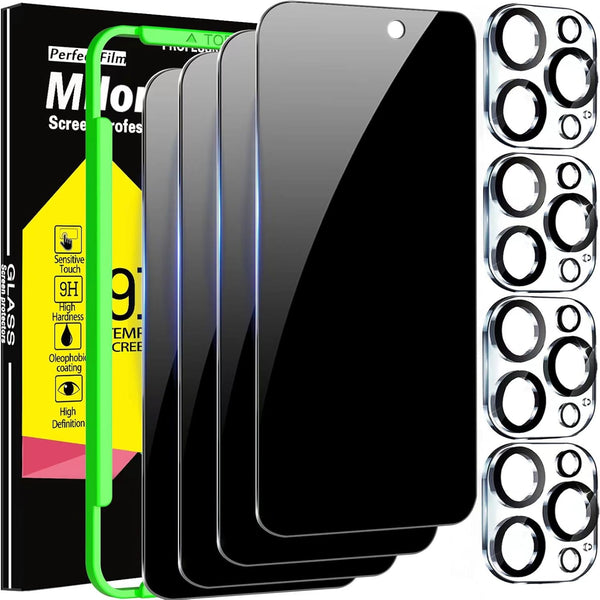Milomdoi 4 Pack Privacy Screen Protector for iPhone 15 Pro Max, 9H Tempered Glass Camera Lens Protectors, Case Friendly.