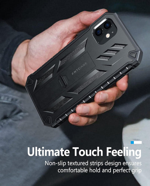 FNTCASE iPhone 12 Pro Case: Rugged Military Grade Drop Proof Cover with Kickstand, Matte Textured Shockproof TPU - Black