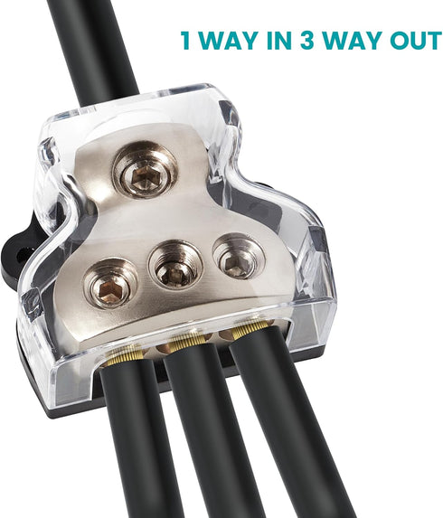3 Way Power Distribution Block Zinc-Alloy, 0/2/4 Gauge in 4/8 Gauge Out, Auto Car Audio Distribution Connecting Block