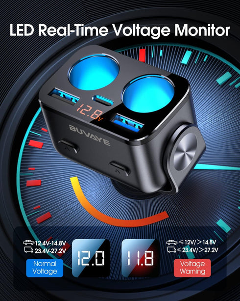 USB C Car Charger - BUVAYE 2-Socket Cigarette Lighter Splitter with 12V/24V Dual PD30W & QC3.0 Fast Charging, Separate