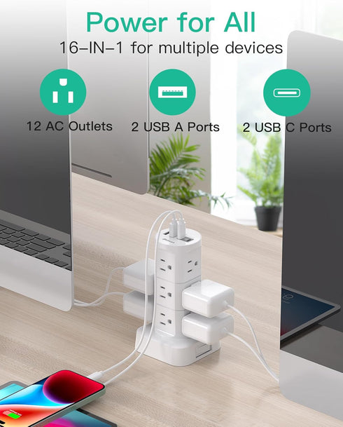 Mifaso 12 4 1875W/15A 1080J 6Ft Power Strips with Surge Protection, Flat Plug Power Strip with Outlets USB Ports