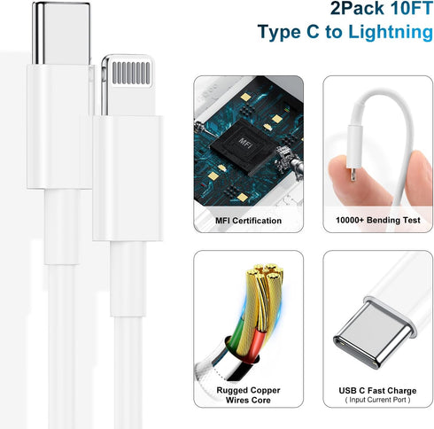 Fast Charging Phone Charger: 10FT MFi Certified USB C to Lightning Cable & 20W Block for iPhone 14 Pro/13 Pro Max/12/11