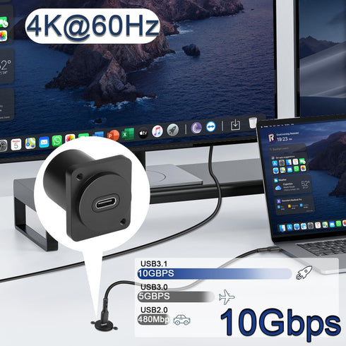 QIANRENON 10Gbps USB C to USB C Panel Mount Adapter Type C 3.1 Female to Female Connector, 100W Charging, for Extension