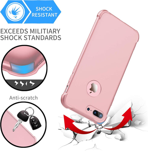 ORETECH iPhone 8 Plus/7 Plus Case, 360° Full Body Hard PC Silicone with 2 Pack 9H Tempered Glass Protector, Rosegold