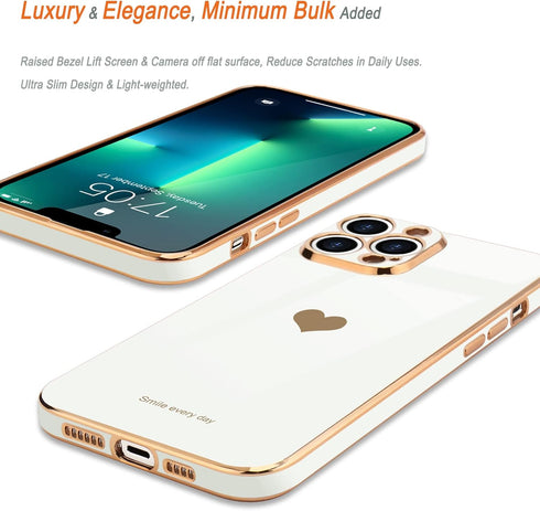 Teageo Cute Love-Heart Luxury Bling Plating Soft Back Cover Case for iPhone 13 Pro Max, White, with Raised Camera
