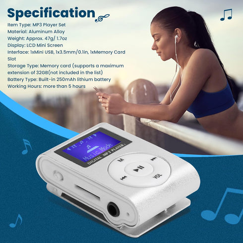 SALALIS MP3 32GB Music Player with Clip, USB & LCD Screen, Supports Memory Card, Earphone & USB Cable (Silver)