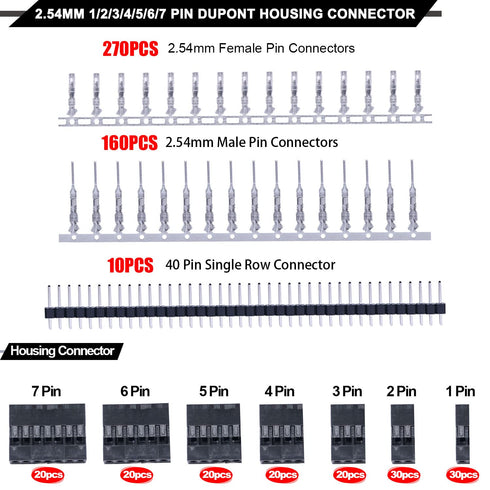Twidec/600PCS 2.54mm Dupont Connector Kit 1/2/3/4/5/6/7 Pin Housing Connector with 2.54 Male and Female Dupont Terminals Crimping Connectors and 2.54mm 40 Pin Single Row Connector Set N-011-BK