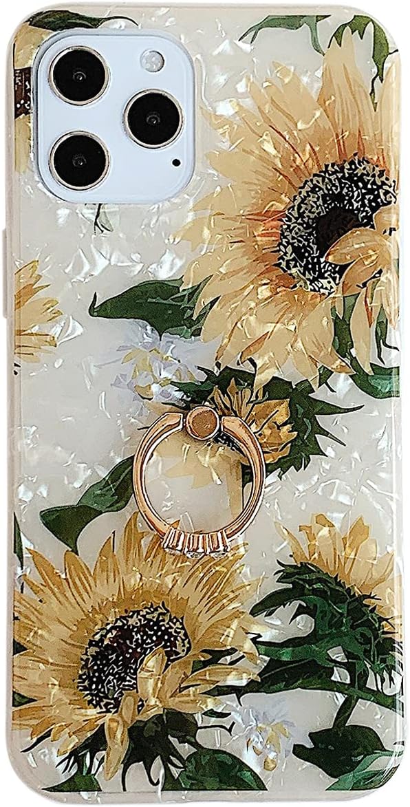 Qokey Flower Design Clear Case for iPhone 11 Pro Max, 6.5 inch, with 360 Degree Rotating Ring Kickstand