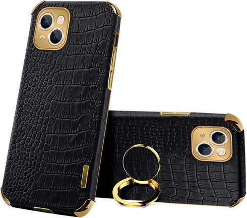 Guppy Luxury Crocodile Cover Case for iPhone 15 Plus, 360 Degree Rotation Stand, Slim Leather Snake Lizard Skin