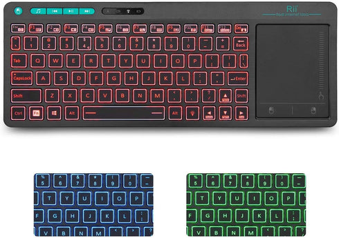 Rii K18 Plus Wireless Multimedia Keyboard, 3-LED Color Backlit with Multi-Touch Big Size Trackpad, Rechargeable for