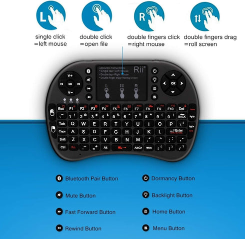 Rii Mini Wireless Bluetooth Keyboard with Touchpad, Supports Bluetooth and 2.4GHz Wireless Connection for Smartphones,