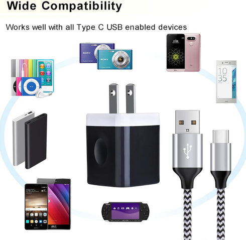 Type C Wall Charger with 6ft USB C Cable, 5V/1A for Samsung Galaxy S24, S23 Ultra, Pixel 8 Pro, and more.