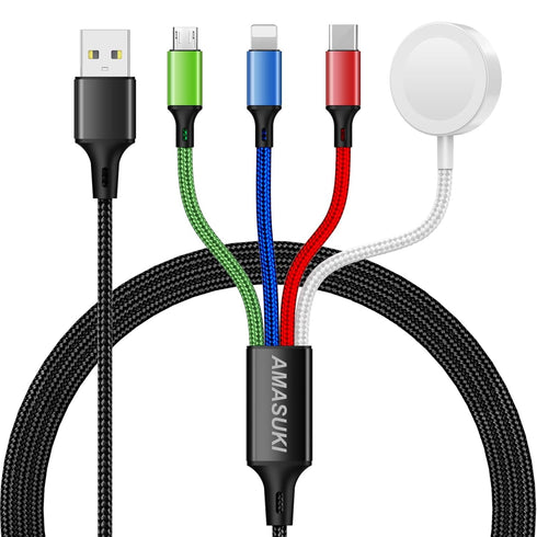 Upgraded Multi Charging Cable for Apple Watch, Magnetic Wireless iWatch Charger, Nylon Braided USB C/Lightning/Micro 4FT