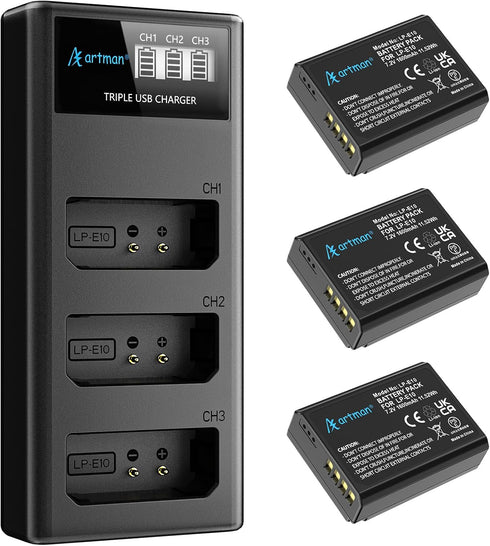 A Artman Artman LP-E10 Battery 3-Pack 1600mAh and 3-Slot LCD Charger for Canon LP