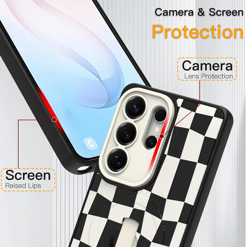 SOKAD S26 Magnetic Checkered Case for Samsung Galaxy Ultra with Finger Strap Kickstand, Compatible with Magsafe, Cute