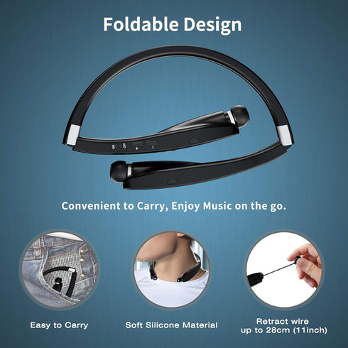 AMORNO Foldable Bluetooth Headphones, Wireless Neckband Headset with Retractable Earbuds, Sweatproof Noise Cancelling