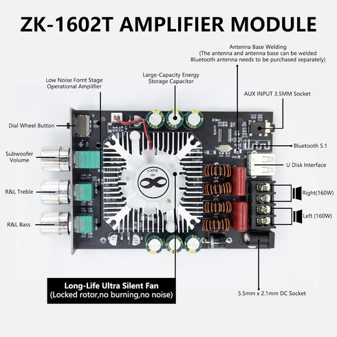 Generic 5.0 Board,160 2W 2.1 15-36 Bluetooth Audio Stereo Amplifier * HiFi Channel Mini Amp Module with Treble & Bass