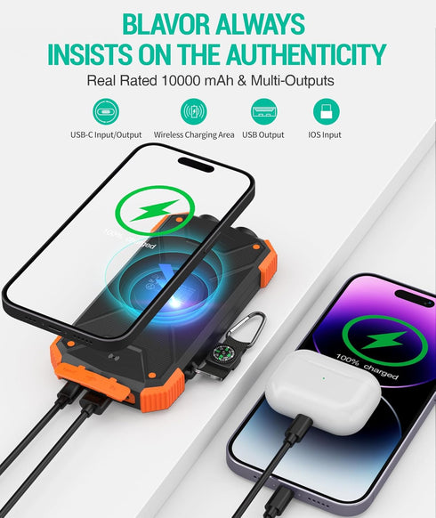 BLAVOR Solar Charger Power Bank 10,000mAh, Portable Wireless Charger, 20W Fast Charging External Battery Pack with USB