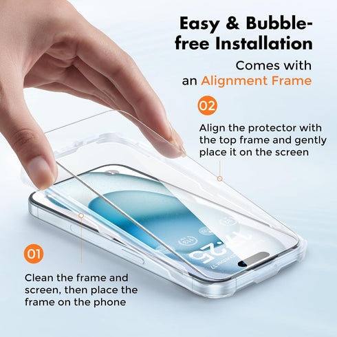UNBREAKcable 3-Pack iPhone 15 Screen Protector, 9H Hardness, Shatterproof, HD Clear, Case Friendly, Easy Install Frame.