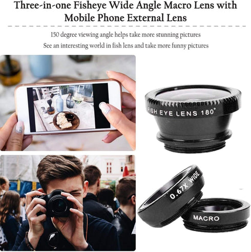 3 in 1 Cell Phone Camera Lens Kit, Wide Angle Macro Fisheye Lens Universal for Smart Phones
