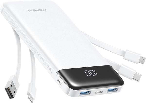 Portable Charger with Built-in Cables, Slim 10000mAh Travel Battery Pack, 6 Outputs 3 Inputs 3A Fast Charging