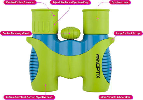 Kids Binoculars in Vibrant Green Blue - Real Binoculars for Girls or Boys, Includes 40 Bird Species Sticker Book