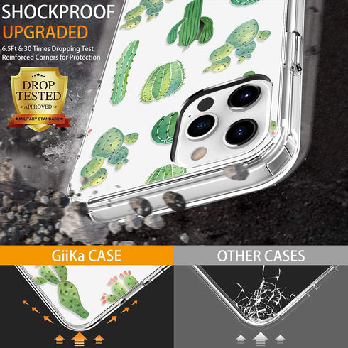 GiiKa iPhone 12 Pro Max Case with Screen Protector, Clear Full Body Shockproof Protective Floral Hard Case, Green Cactus