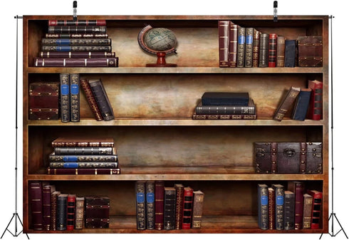 BELECO 7x5ft Fabric Old Bookshelf Backdrop Brown Wooden Bookcase Hardcover Books Globe Background Students Teachers