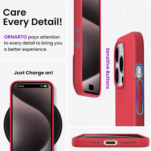 ORNARTO iPhone 15 Pro Max Case 6.7", Slim Liquid Silicone, Shockproof Protective Phone Case, Red