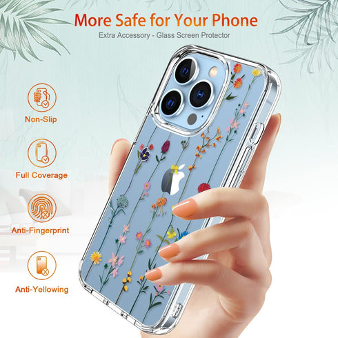 GiiKa iPhone 13 Pro Case with Screen Protector, 6.1 inch Clear Shockproof Floral Hard Case with TPU Bumper Cover,