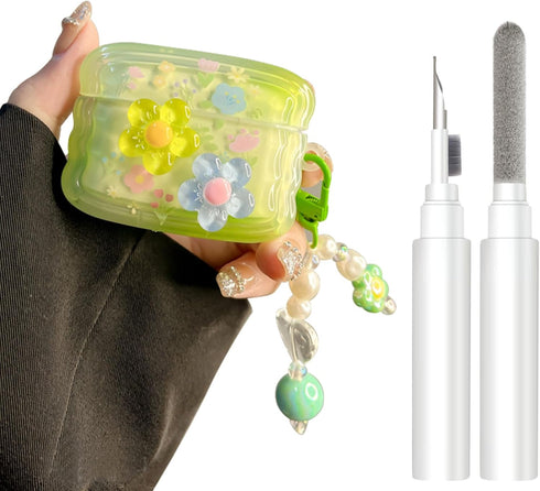 AirPods Pro Case with Cleaner Kit, Cute 3D Curly Wave Frame Flowers Design, Soft TPU Protective Shockproof Case for