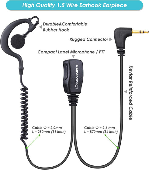 2-Pack Walkie Talkie Earpiece with Mic, 2.5mm 1-Pin G-Shape Headset for Motorola Talkabout Radios