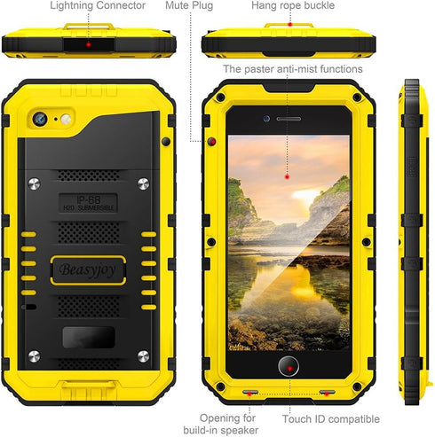 Beasyjoy Metal Case for iPhone SE 2022/3rd/2020/8/7, Waterproof Heavy Duty with Screen Protector, Yellow