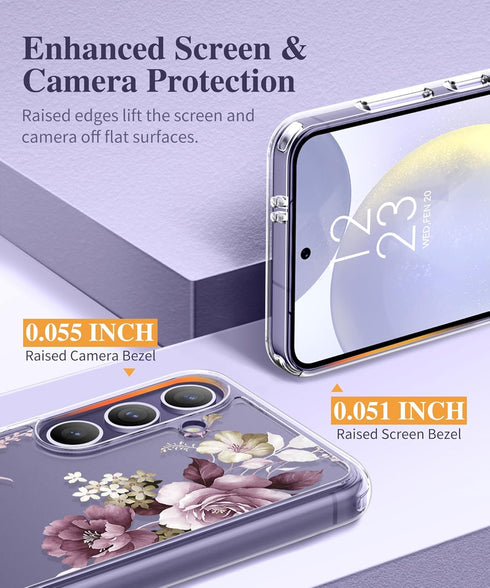 GVIEWIN Clear Floral Case for Samsung Galaxy S24 Plus 6.7" with Screen & Camera Lens Protectors (Cherry Blossoms/Purple)