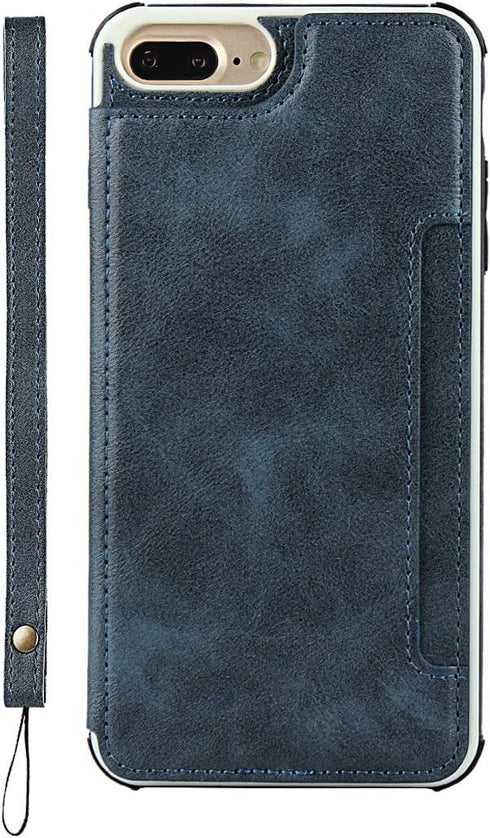 Cavor Wallet Case for iPhone 7 Plus and 8 Plus, Card Holder with Strap, PU Leather Shockproof, Blue