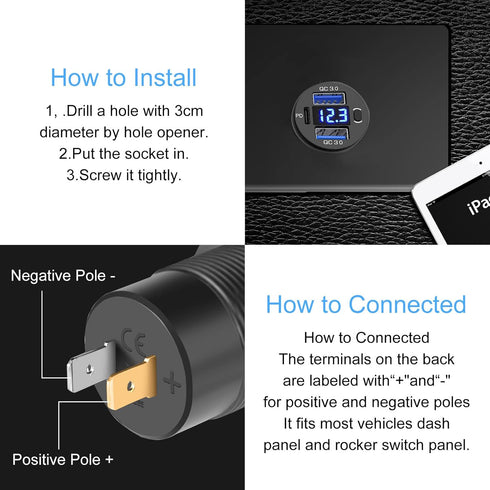 Dual USB Quick Charge 3.0 Port & PD USB C Car Charger Socket, 12V USB Outlet with Voltmeter for Car