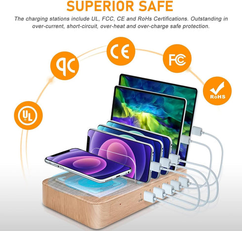 Fastest Charging Station for Multiple Devices, 5 USB Ports Chargers for Apple/AirPods/iPad/Samsung/Android/Tablet,