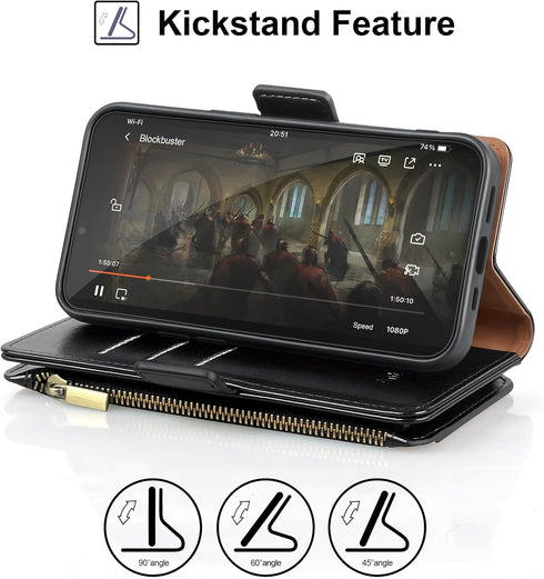 Antsturdy Wallet Case for iPhone 13 Pro Max, RFID Blocking PU Leather Flip Cover with Wrist Strap and Zipper Credit
