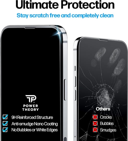 Power Theory Designed for iPhone 14 Screen Protector - Tempered Glass, Case Friendly, Easy Install Kit, 2 Pack
