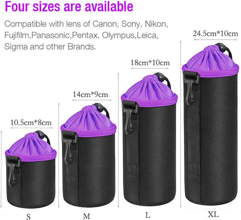 Lens Pouch,Waterproof Protective Lens Bag For SLR Camera Lens,With Adjustable Drawstring And Rotating Clamp,Camera Lens Bag For Nikon, Pentax, Sony, Olympus, Panasonic, Etc (Purple)