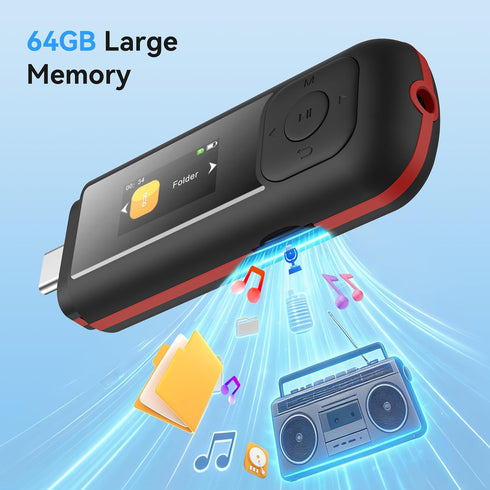 AGPTEK 64GB MP3 A55PL 2 1 USB C Player, in Type-C & USB Stick Music Player Supports Replaceable AAA Battery, FM Radio