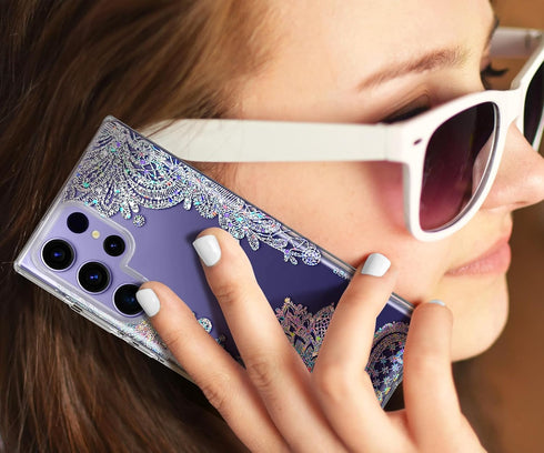 Coolwee Galaxy S24 Ultra Case - 6.8" Shockproof Thin Clear Glitter, Cute Crystal Lace, Soft TPU Bumper, Mandala Design.