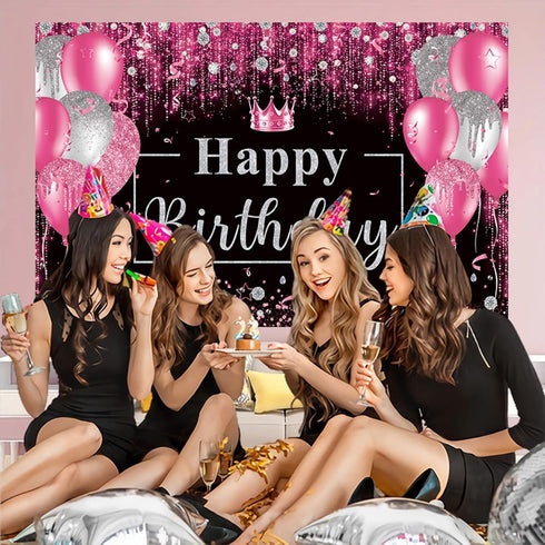 Pink and Black Happy Birthday Backdrop, Glitter Balloon Decorations for Women and Girls Party