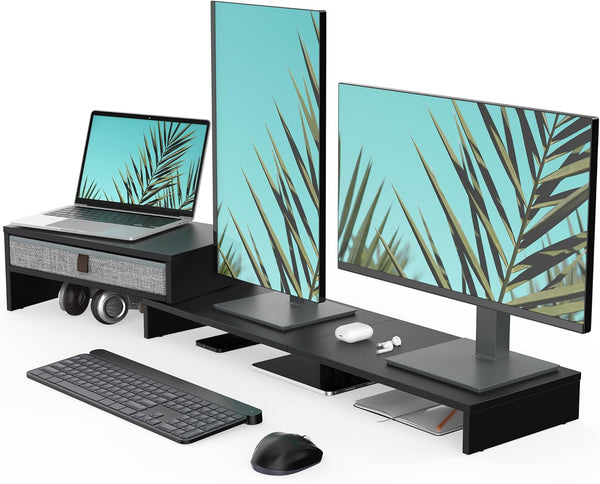 Fenge Computer Monitor Riser Stand, Adjustable Length & Angle, Drawer for 2 or 3 Monitors, Black Office Organizer