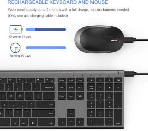 Wireless Keyboard and Mouse, Vssoplor 2.4GHz Rechargeable Compact Quiet Full-Size Combo with Nano USB Receiver, Dark