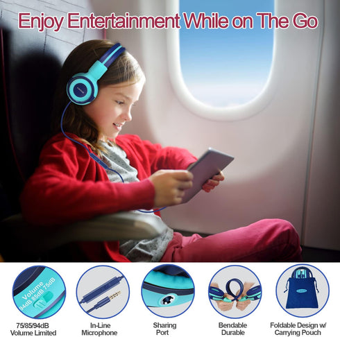 SIMOLIO Foldable Headphones for Kids with Mic, 75dB-85dB-94dB Kid Headphone with Share Port, Stereo Wired Headphones Hearing Protection for Youth Boys,Girls, Portable Pouch for School/Travel (Mint)