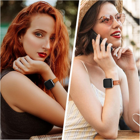 OUHENG Slim Bands for Apple Watch, 42mm 41mm 40mm 38mm, Women Genuine Leather Replacement Thin Strap (Brown/Silver)