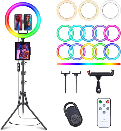 13" Selfie Ring Light with 63" Tripod Stand & 3 Phone Holders, LED Camera Ringlight with RGB Colors for Makeup/Videos